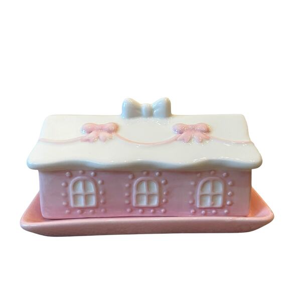 Gingerbread House Covered Butter Dish Hand Painted Pastel Pink & White NEW - Picture 9 of 14